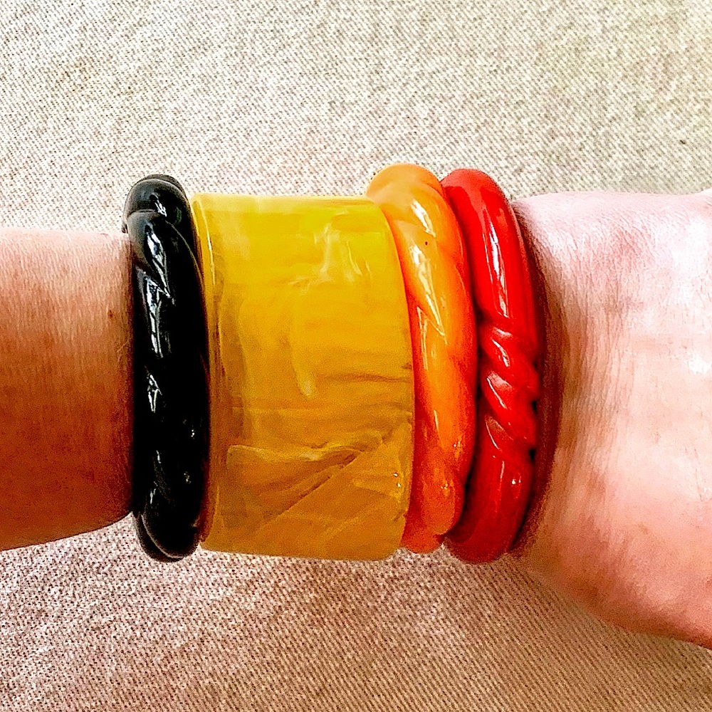 vintage bakelite bangle and lucite cuff stack